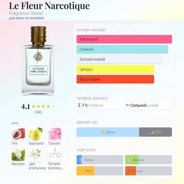 Fragrance World Le Fleur Narcotique 100 мл парфумована вода для жінок E454 фото